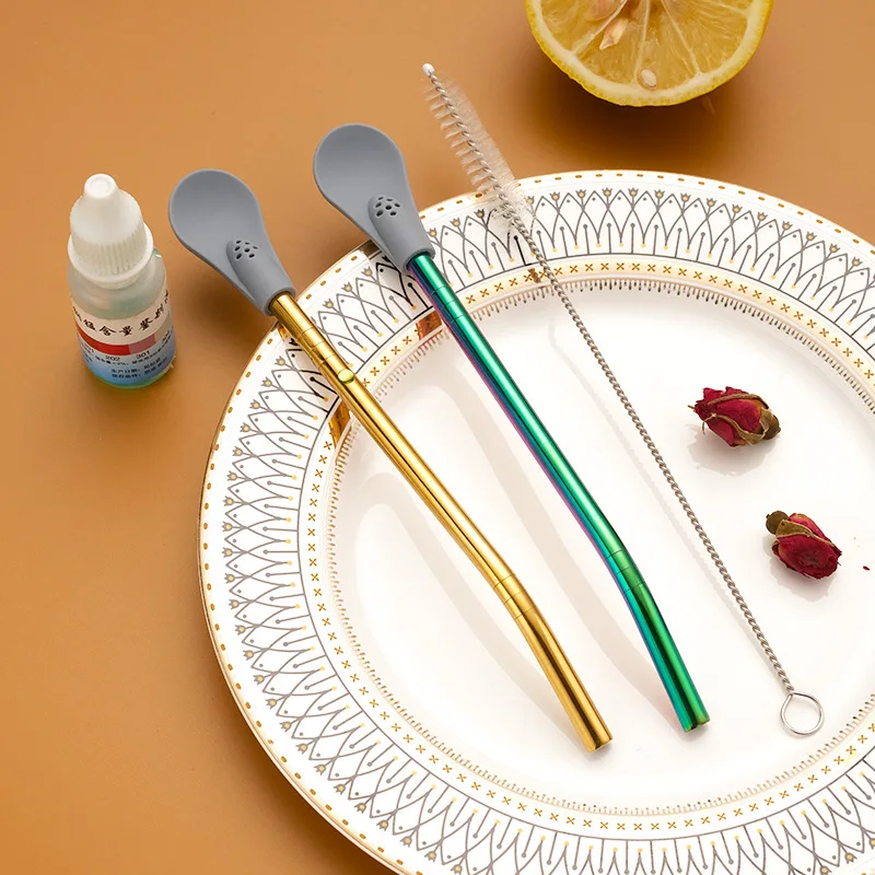 

1PC Stainless Steel Straw Spoons Long Handle Teaspoons Coffee Ice Cream Spoon Cute Tableware Kitchen Desserts Tools