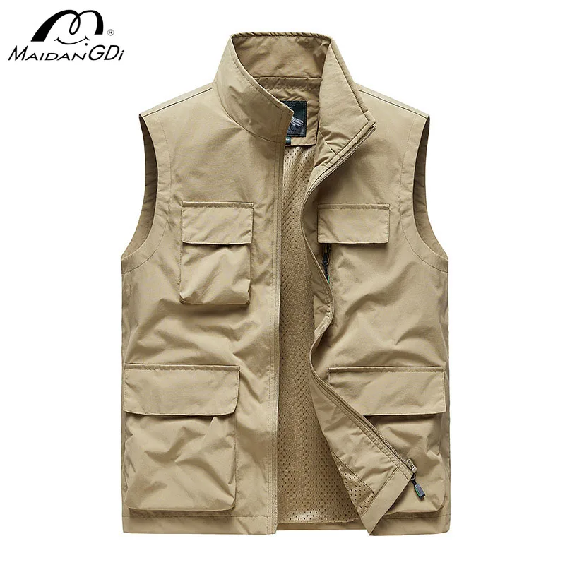 MaiDangDi Nylon Workwear Style Men\'s Vest Sleeveless High Neck Mens Jacket Lightweight Breathable Mesh Lining for Male Clothing