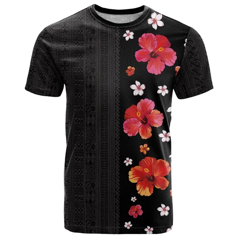 Tiki-Camiseta con estampado 3D de hibisco para hombre, camisa informal de manga corta con cuello redondo, ropa de calle polinesiana de gran tamaño, novedad de verano