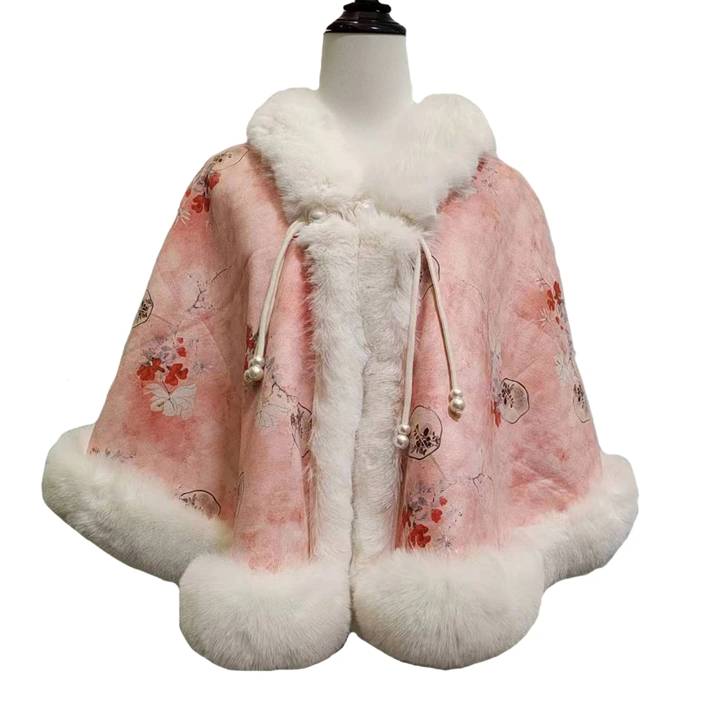 

Chinese Style Faux Fur Coat Women Elegant Cardigan Pearl Button Coats Floral Printed Outercoat Lady Party Shawl Wrap Cape Bolero