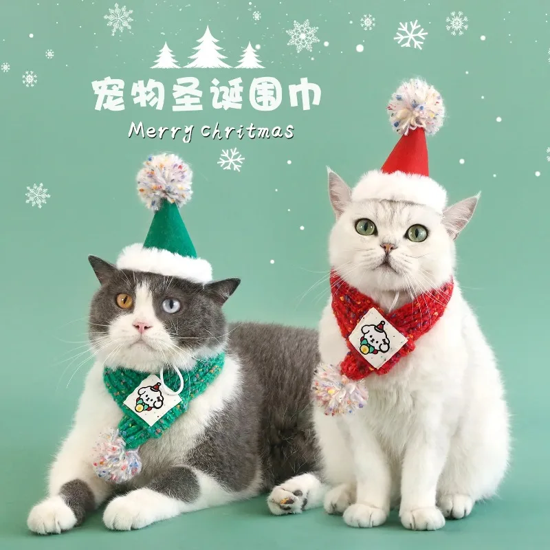 

Pet Dog Cute Christmas Hat Hairball Cartoon Knitted Wool Scarf Neck Felt Christmas Warm Year Decoration Puppy Accessories