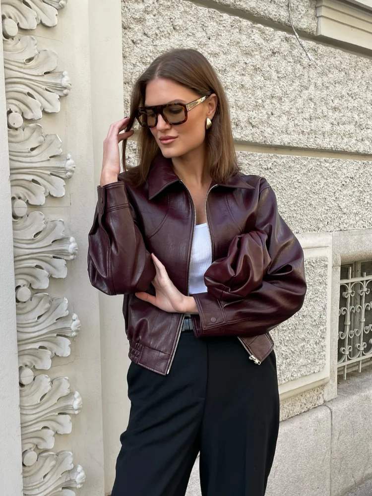 Chic Retro Solid Front Zipper Short Pu Leather Jacket Women Fashion Lapel Long Sleeved Cropped Coat Ladies Fall Streetwear ﻿2024