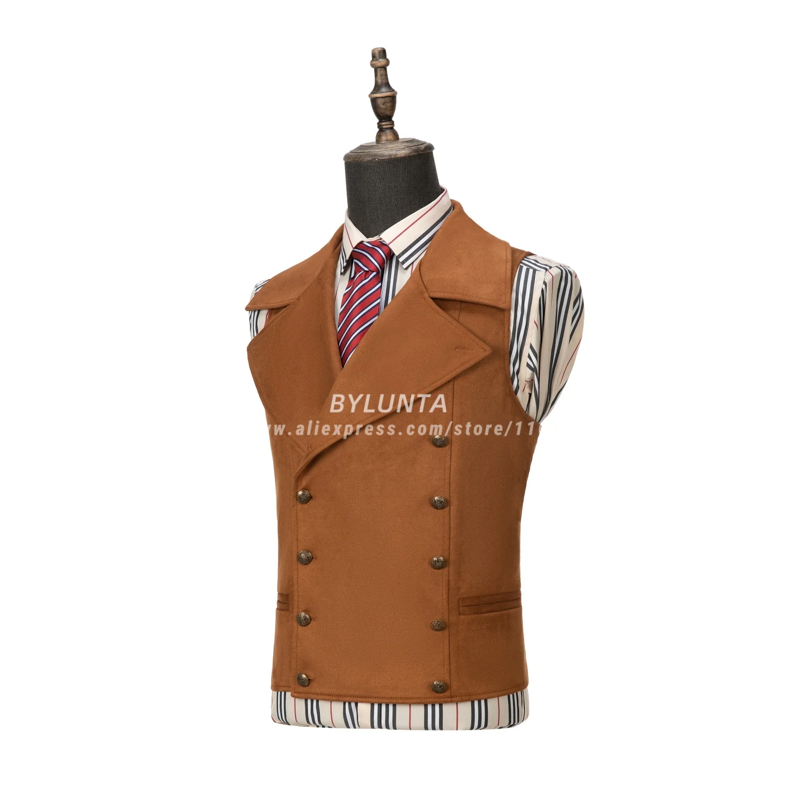 2026 Bylunta Mens Suit Suede Double Breasted Vest Classic Groomsmen Wedding Waistcoat Leather Big Lapel