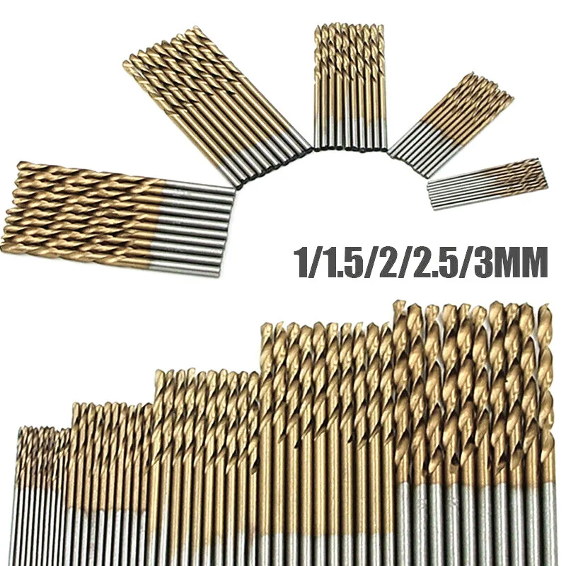 50pcs Titanium Coated Drill Bits Set 1/1.5/2/2.5/3mm titanium plated high-speed steel For Metal Wood Aluminum Drilling Tools