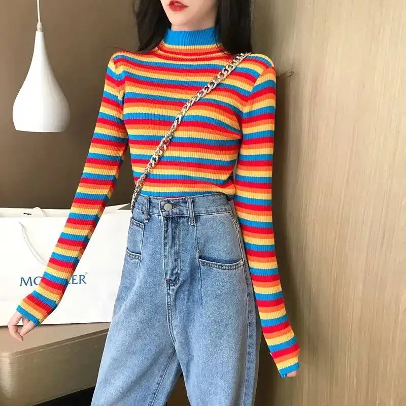 

Весенне-осенний новый вязаный свитер в радужную полоску, корейский тонкий универсальный короткий свитер с воротником до половины дерева