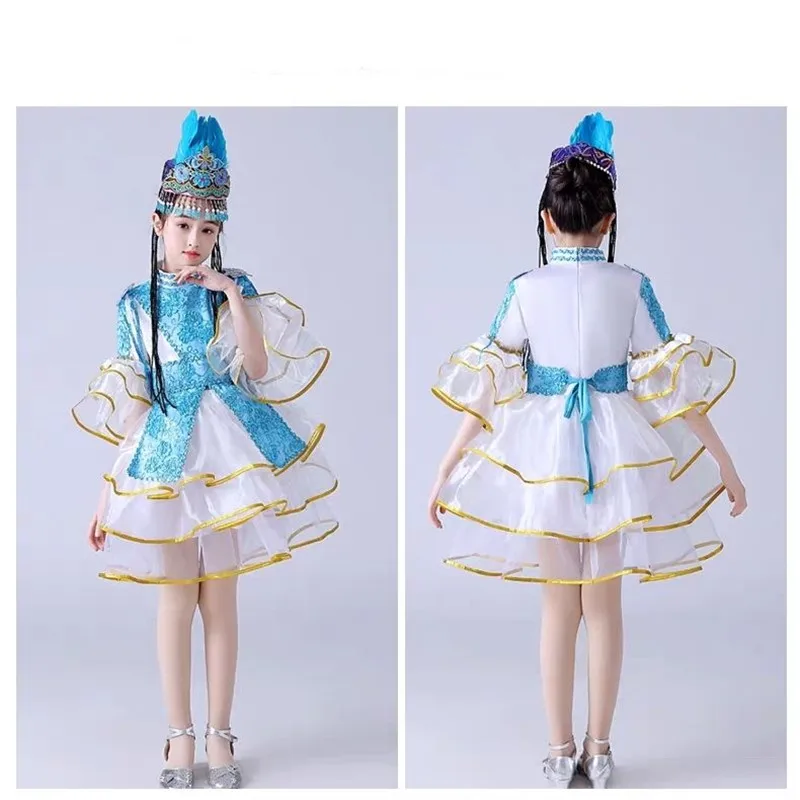 Blue Kazakhstan National Dance Dress For Girl Xinjiang Minority Costumes With Headwear Princess Cosplay Festival Gifts