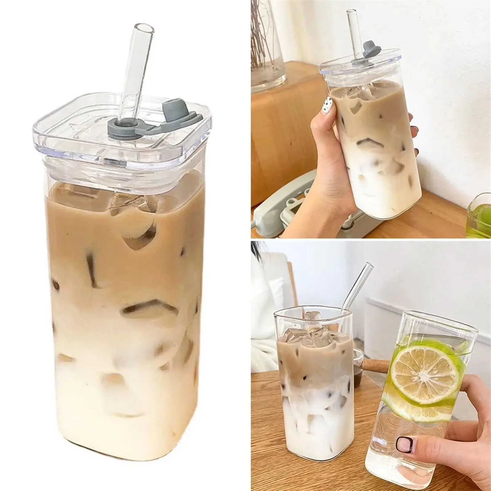 

1pc Square Glass Coffee Mug with Lid & Straw Transparent Drinkware for Iced Coffee, Milk, Beer for Kitchen & Dining Coffee Cup