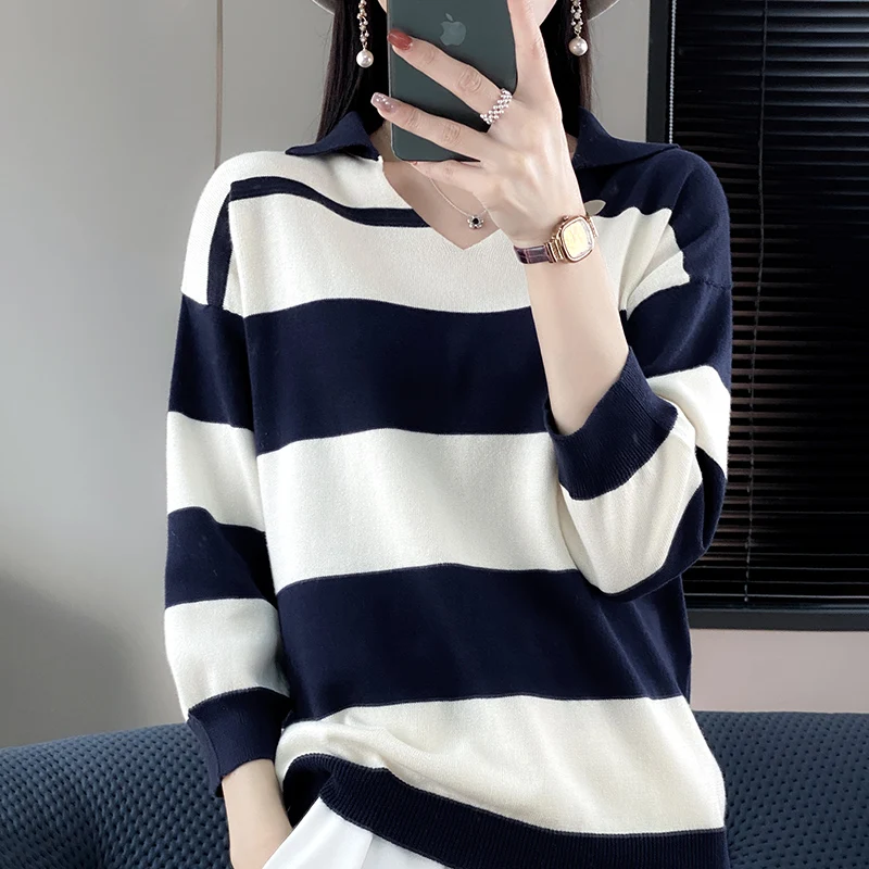 Spring Summer New Woman 100% Cotton Sweater V-neck 3/4 Sleeve Color Stripe Pullover Loose Casual Knit Bottoming Sweater Tops