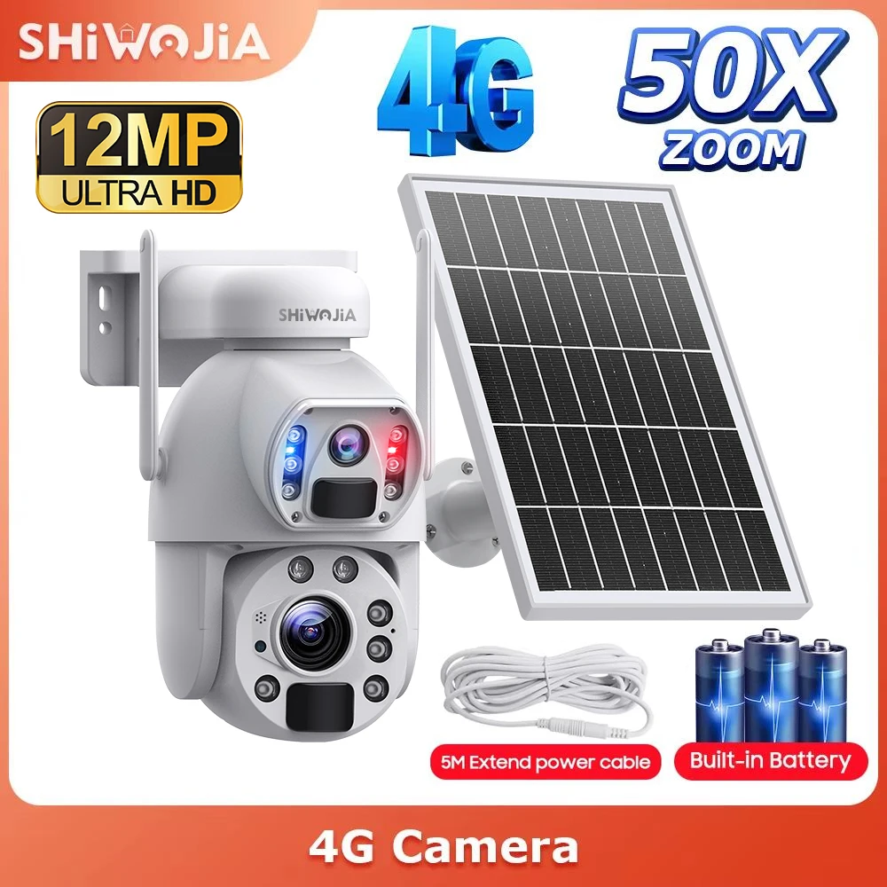 SHIWOJIA 50X ZOOM 12MP 4G Sim Solar Camera Outdoor 360° Wireless WIFI Battery Security Camera Solar Panel PIR Night Vision White