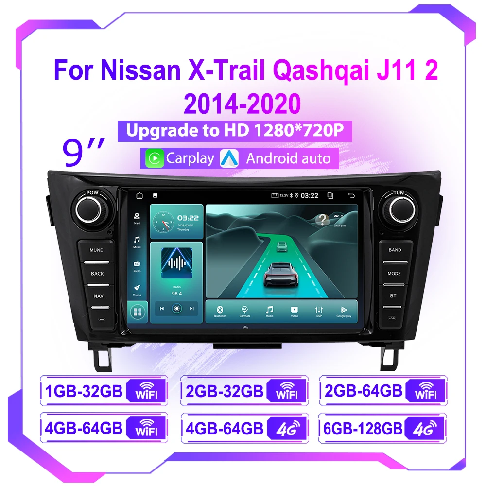 9 Inch Android 15 Auto Radio For Nissan X-Trail Qashqai J11 2 2014-2020 Multimedia Player Wireless Carplay 4G 1 Din GPS Stereo