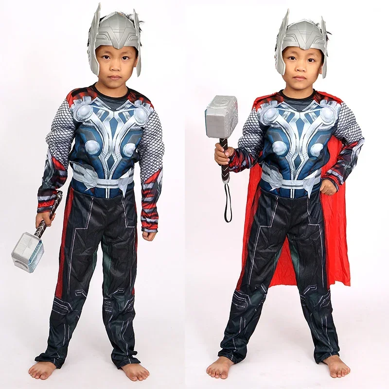 Superhero Thor Cosplay Traje para crianças, Traje muscular, Macacão, Máscara, Martelo, Halloween, Roupas de Carnaval, Crianças