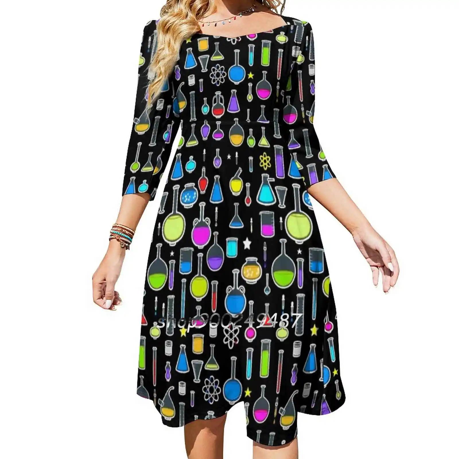 Beakers Flare Dress Square Neck Dress Elegant Female Fashion Printed Dress Beaker Chemistry Lab Laboratory Experiment Chemicals