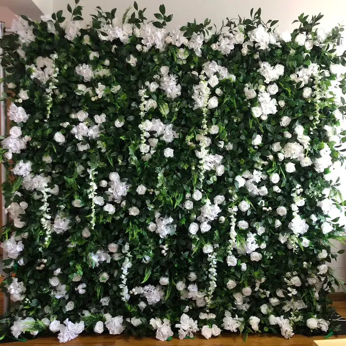 3D luxury white roses and green leaf rolled cloth artificial plant flower wall outdoor wedding garden decorate Milan lawn wall