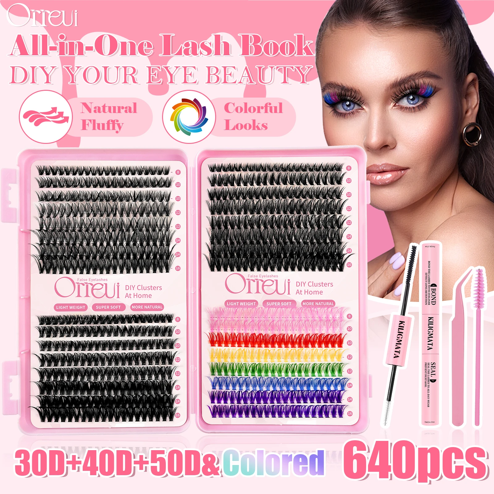 DIY Wimpern-Cluster-Set mit Wimpernkleber und Versiegelung 40D 50D 60D Farbige D-Curl Einzelwimpernverlängerungen mit Pinzette & Sp