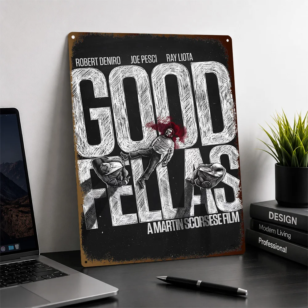 Goodfellas Typography And Rose Aluminum Poster Customized Metal Tin Sign Crime Drama Design Wall Art Entertainment Space Decor
