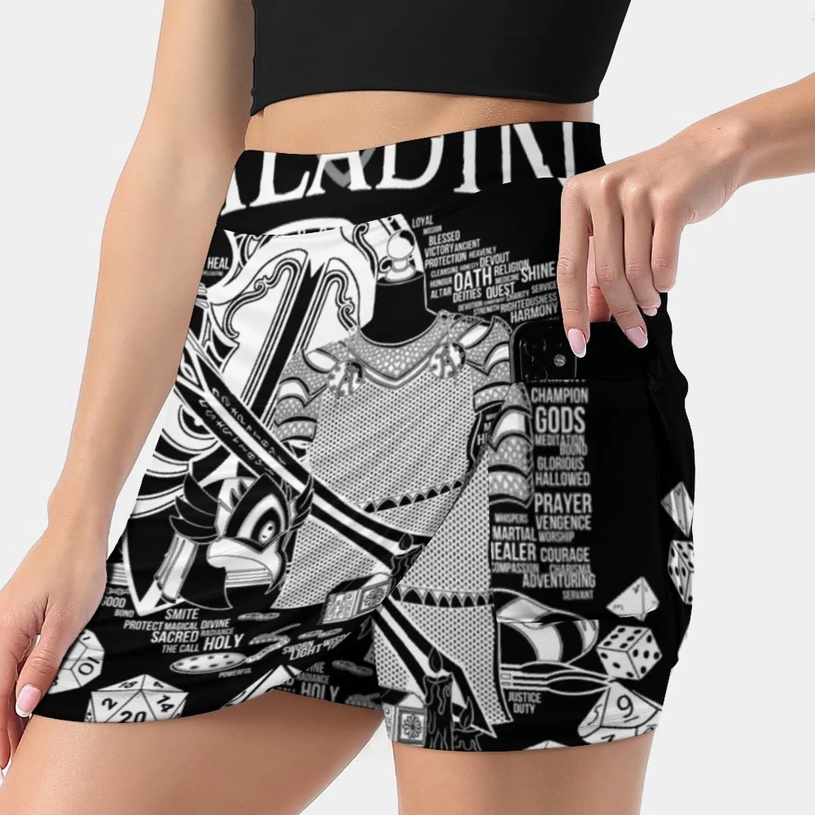 Rpg Class Series : Paladin - White Text Women Mini Skirt Two Layers With Pocket Skirts Sport Fitness Running Skorts Paladin