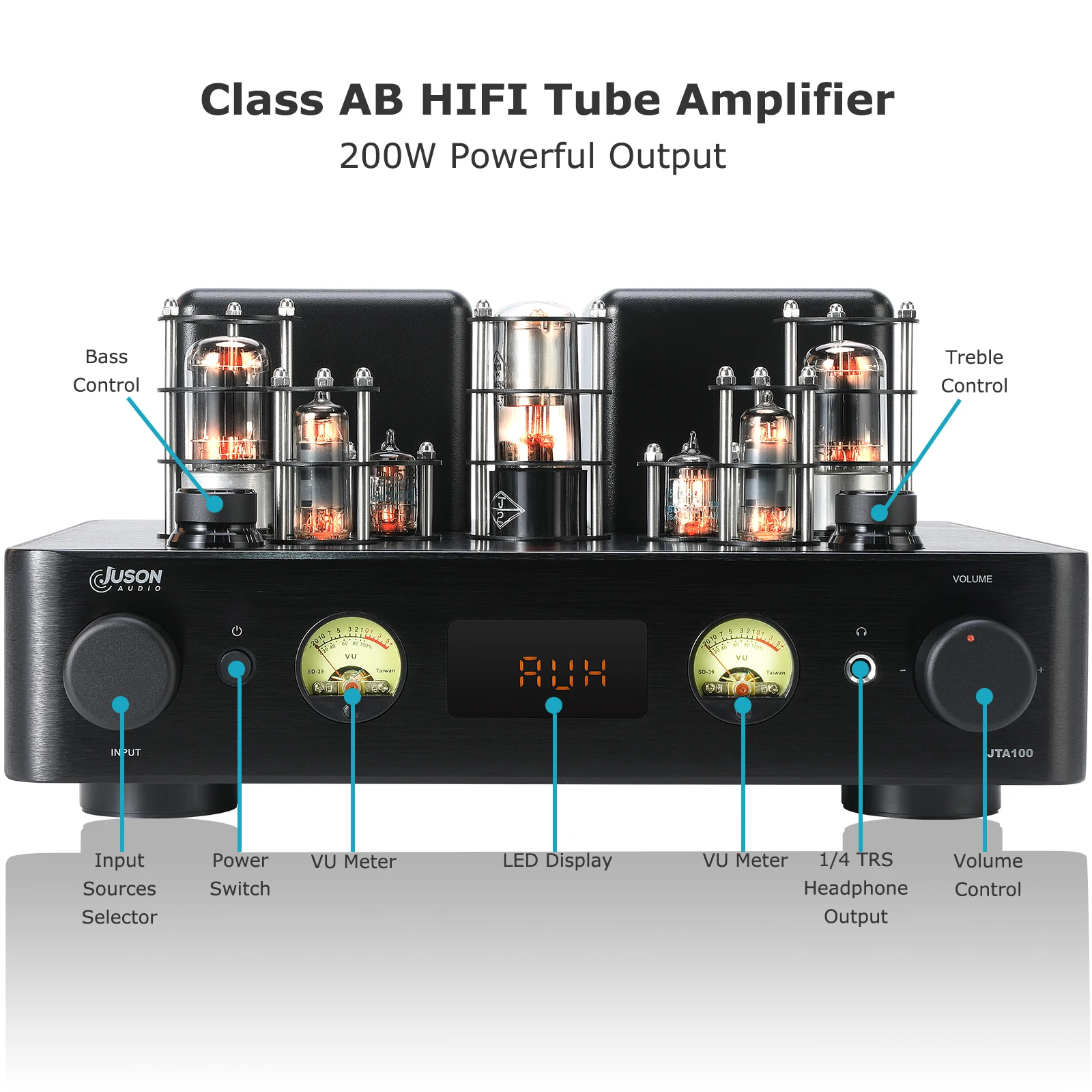 주손 오디오 JTA100 업그레이드 200W 하이브리드 진공관 앰프 (BT 5.0, 광, AUX, RCA 포노 입력 및 헤드폰/서브 출력 포함)