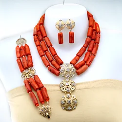 Nigerian Bride Wedding Red Natural Coral Bead Flower Accessories Necklace African Wedding Banquet Wedding Jewelry Sets