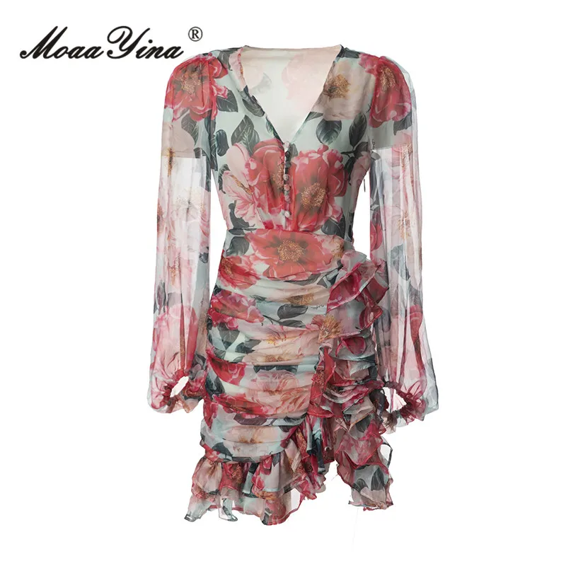 MoaaYina Summer Fashion Runway Vintage Chiffon Dress Women's V Neck Button Ruffles Floral Print High Waist Irregular Mini Dress