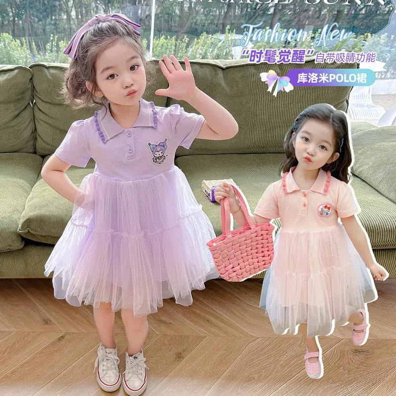 

Summer Kuromi Anime Kawaii Sweet Sanrio Dress Clothing Cute Cartoon Hello Kitty Ins Short Sleeve Skirt Lovely Gifts for Kids