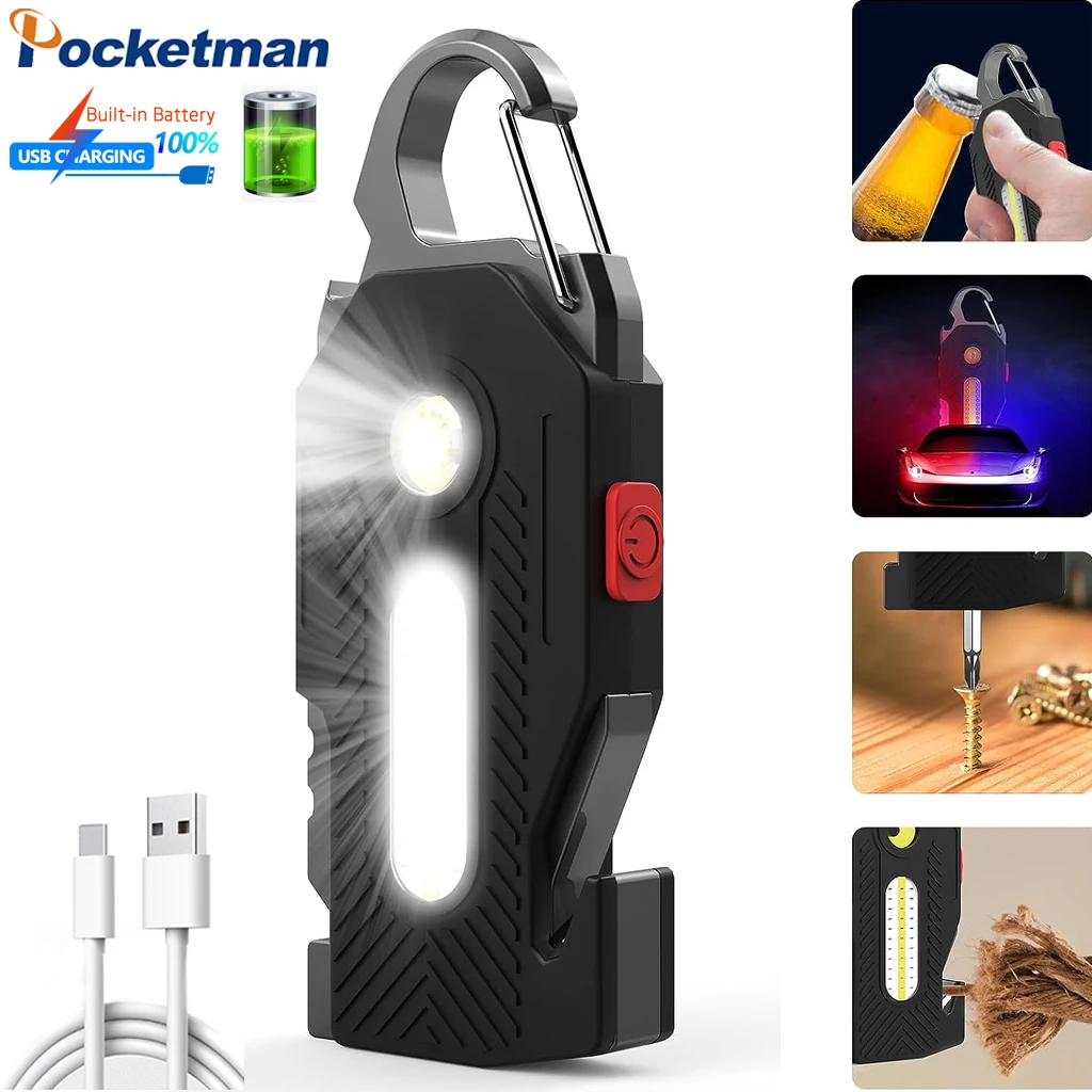 

Widely Used Mini Keychain COB Flashlight Rechargeable Emergency Camping Work Light with Bottle Opener Screwdriver SOS Whistle