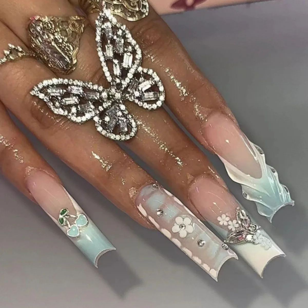 24Pcs Long Square Head French Fake Nails Rhinestone Reusable Press on False Nails with 3D Flower Butterfly Full Cover Nails Tips