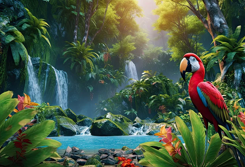 Mehofond 용수철 열대 동물 장식 배경, 어린이 생일 파티, 자연 꽃, 잔디 벽 배경, 2024