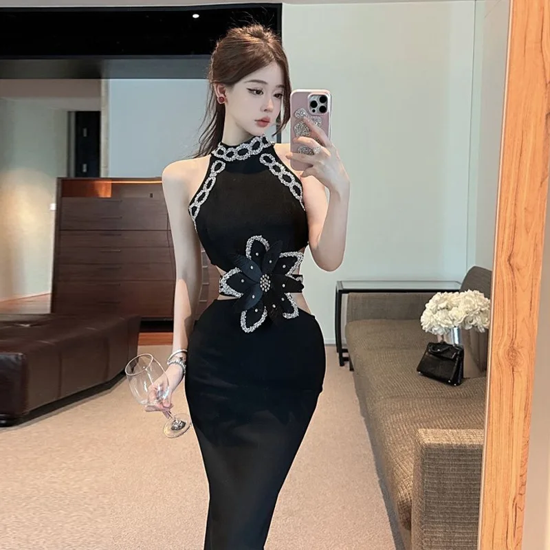 مثير الأسود ثوب مسائي ثلاثية الأبعاد تصميم الأزهار قطع تقسم Bodycon حورية البحر تنورة خارج الكتف تمتد حفلة اجتماعية الجمالية