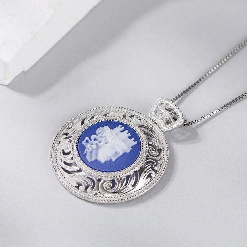 S925 Sterling Silver Pendants for Women Men New Fashion Blue Agate King's Head Sculpture Eternal Vine Punk Jewelry Free Shipping