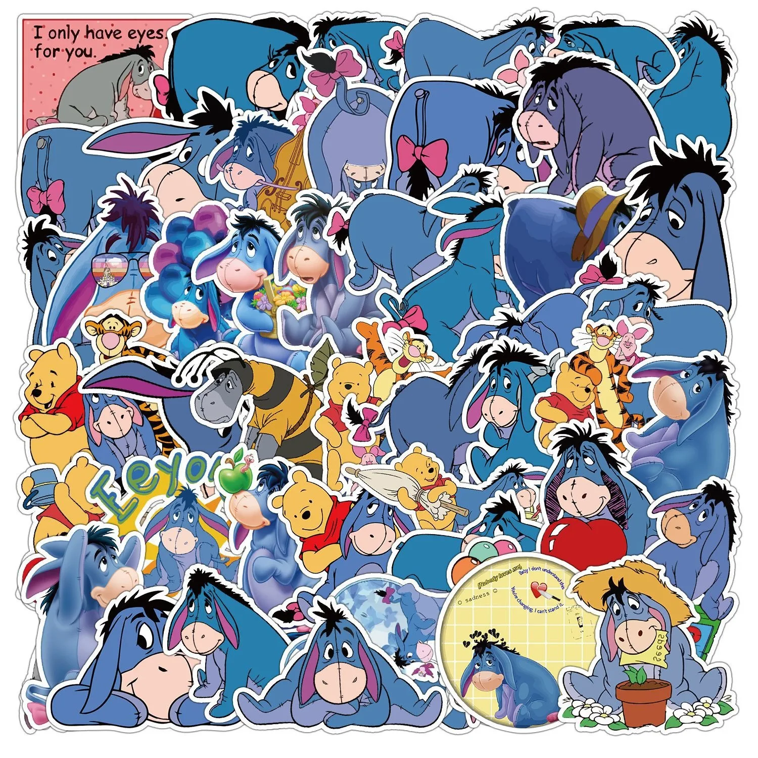 50pcs Donkey Eeyore 4x6cm Graffiti Stickers Kids Gift Prize for Phone Skateboard Notebook Pencilcase Bottle Deco