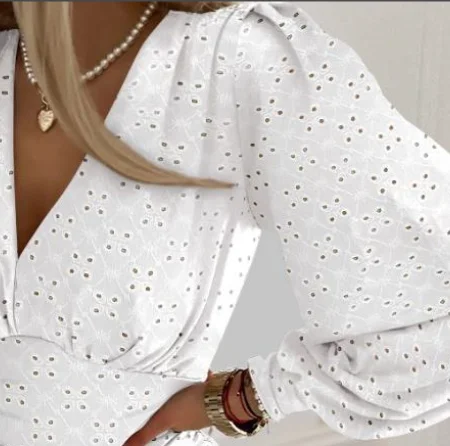 

T-Shirt for Women's Jacquard Deep V-Neck Lantern Sleeve Ruched Blouses Autumn New Female Fashion Eyelet Embroidery Slim Top