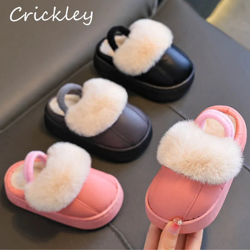 

Solid Faux Fur Children Slippers Winter PU Leather Cotton Slippers For Boys Girls Plush Warm Soft Toddler Kids Indoor Shoes