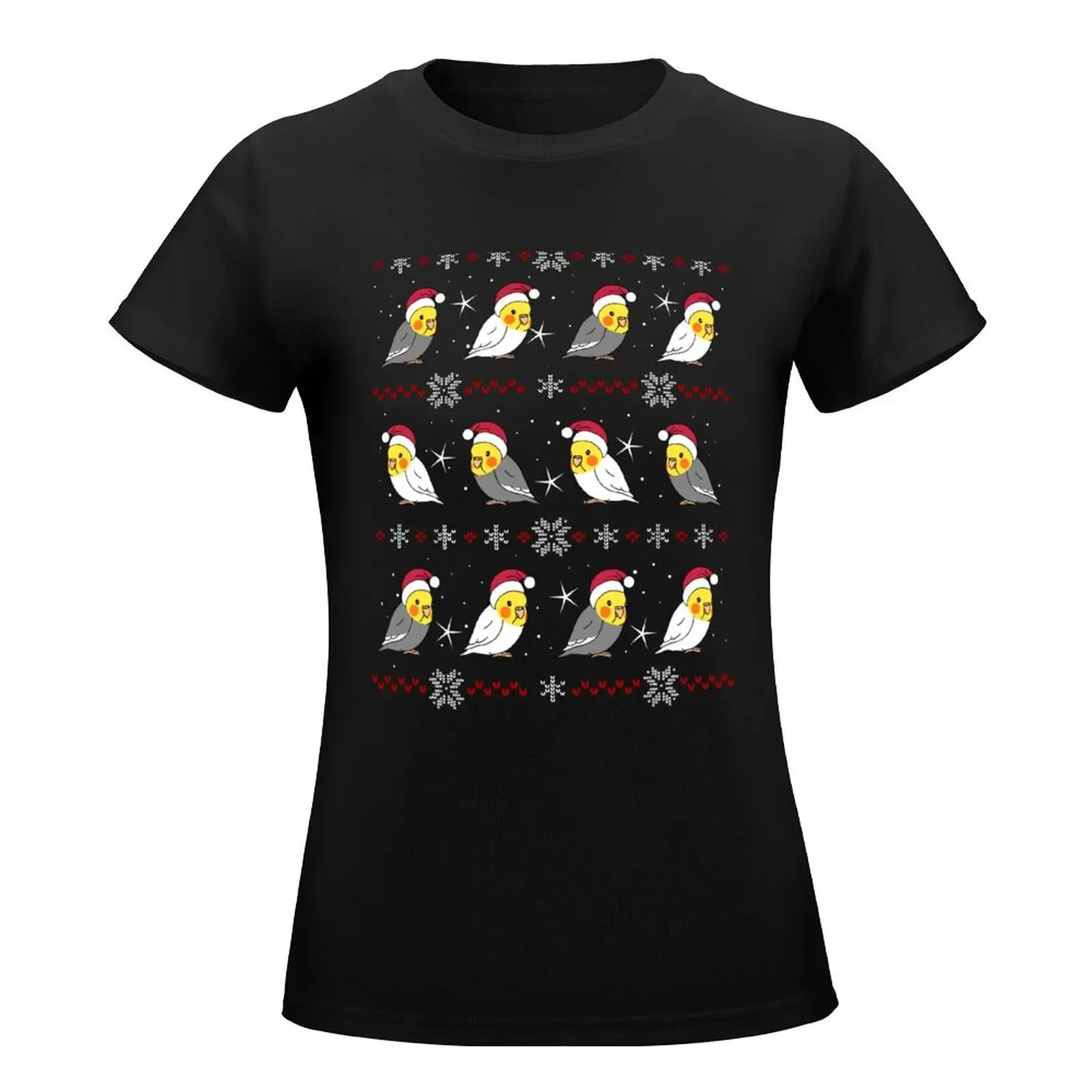 Chubby Cockatiel Christmas Ugly Pattern T-Shirt summer tops cute tops plain t shirts for Women