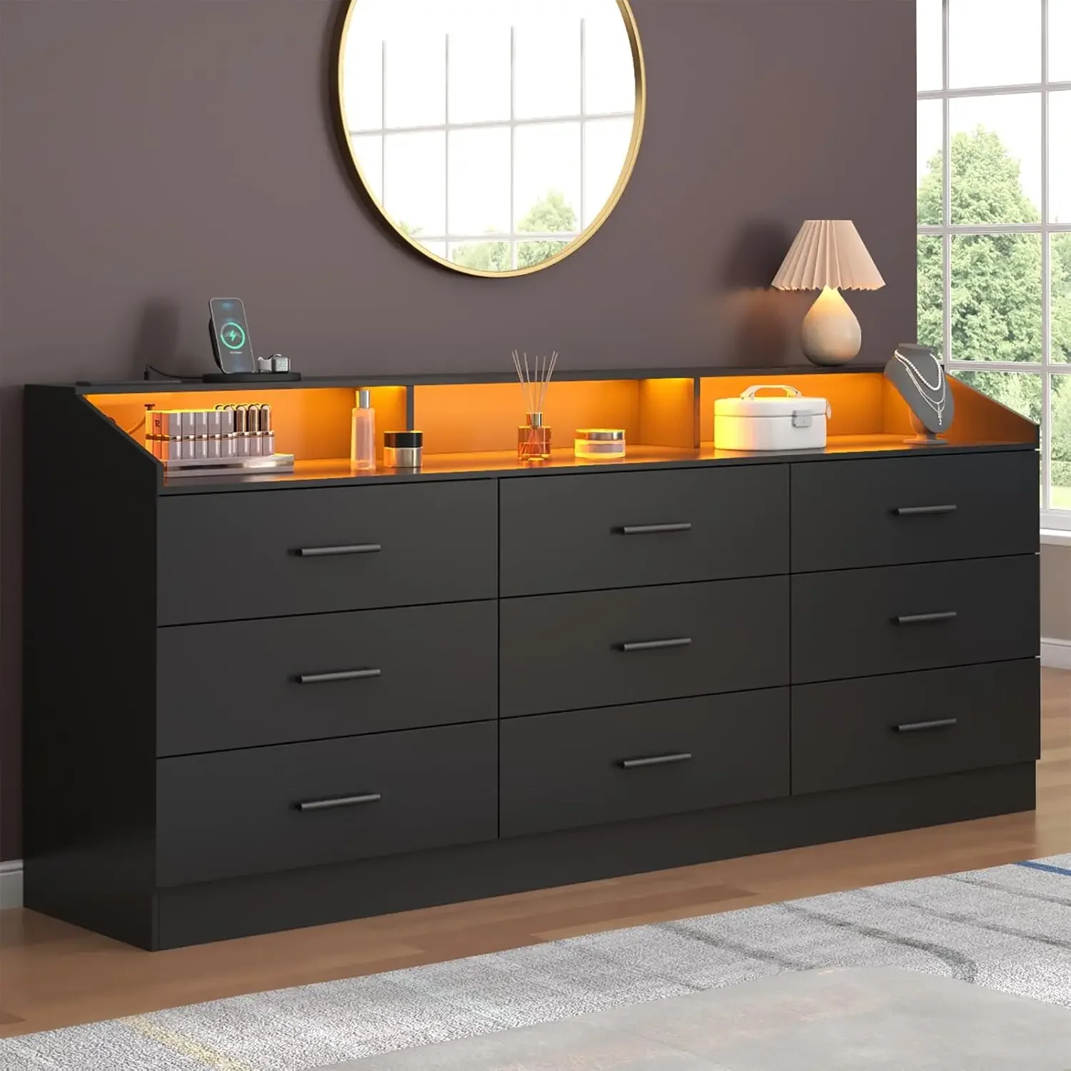 9 Drawer Dresser with Power Outlet, Modern Chest with LED Light, Open Storage Cubby, Organizer for Bedroom & Entryway (Black)