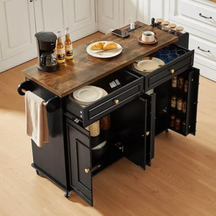 58 Kitchen Island with Power Outlet, Rolling Kitchen Cart for Home Use, Stainless Steel, Matte Black, Heavy-Duty Casters and Bu
