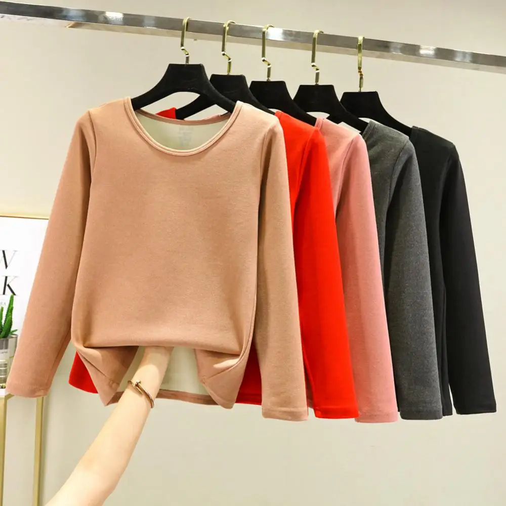 

2023 Winter Women's Thermal Underwear Tops Thick Velvet One-piece Long-sleeved T-shirt Ladies Warm Round Collar Bottoming Shirt