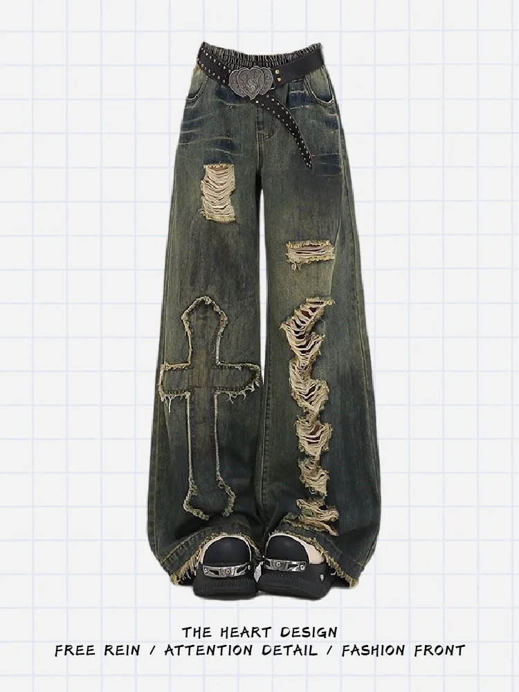 

Retro American Desert Sle Hole Denim Pants Hot Girl Summer Design New Loose Floor-Length Straight Leg Wide Leg Jeans