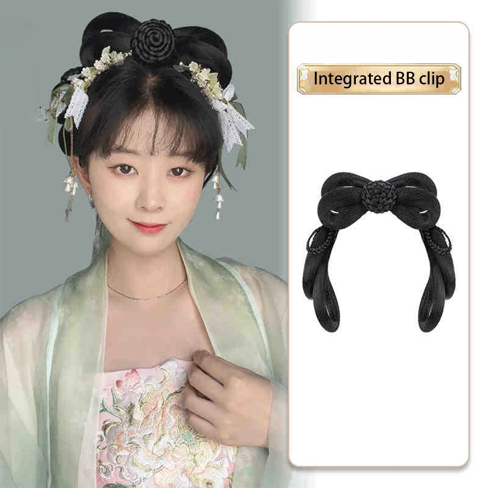 Synthetic Hanfu Ancient Style Headband Braid Integrated headband Wig Women Chinese Style Hair Piece Antique Modelling Cosplay