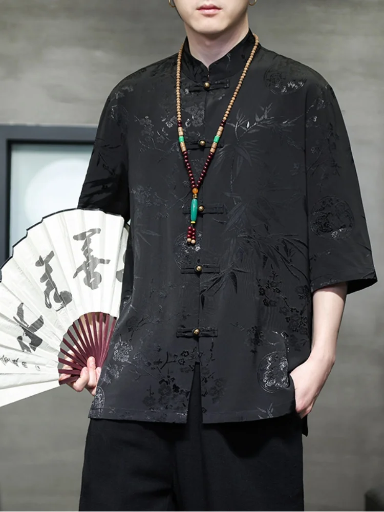 

Мужская летняя тонкая рубашка из ледяного шелка с коротким рукавом, новый китайский стиль, модифицированный костюм Тан, Ханьфу, Дао Пао, топ с пятью рукавами, молодежная модная одежда