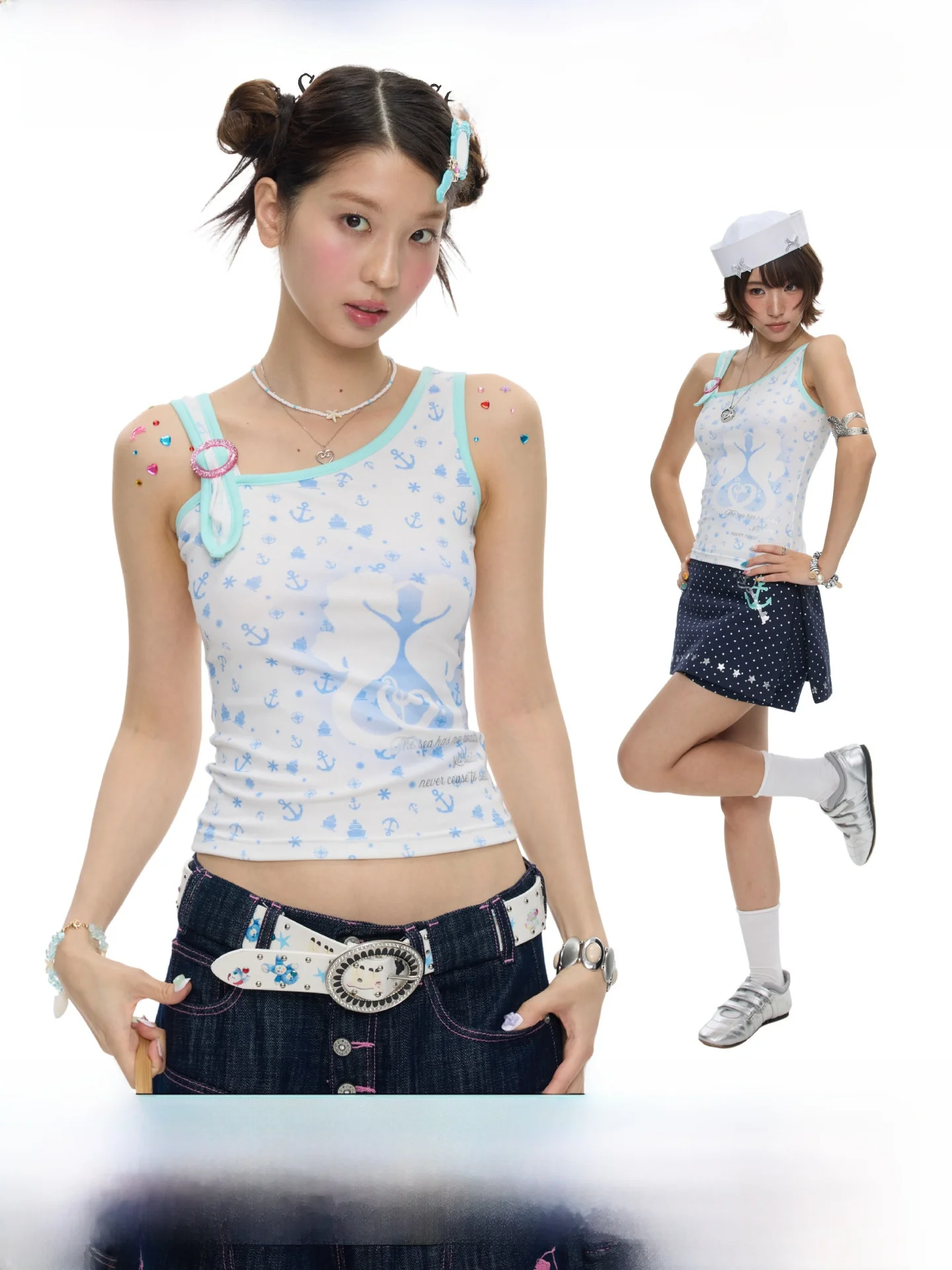 Mint Green Dream Core Hippocampus Vintage Style Vest Ring Buckle Backless Women's Summer Fashion round Neckline Regular Fit