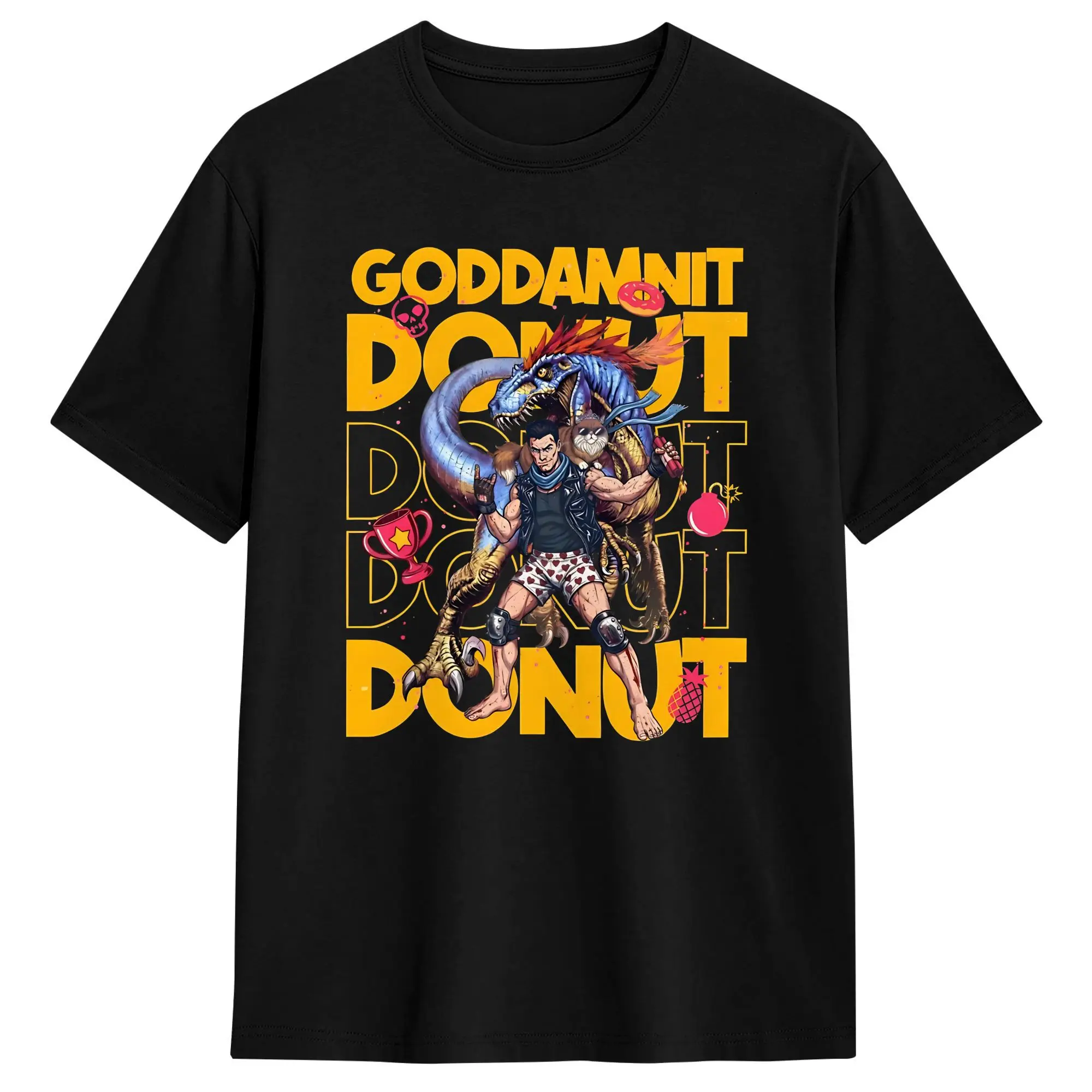 Vintage T Shirt Summer Dungeon Crawler Carl Goddamnit Donut T-Shirts  Cotton Tee Shirt for Men Y2K Basic Short Sleeve Top Tees