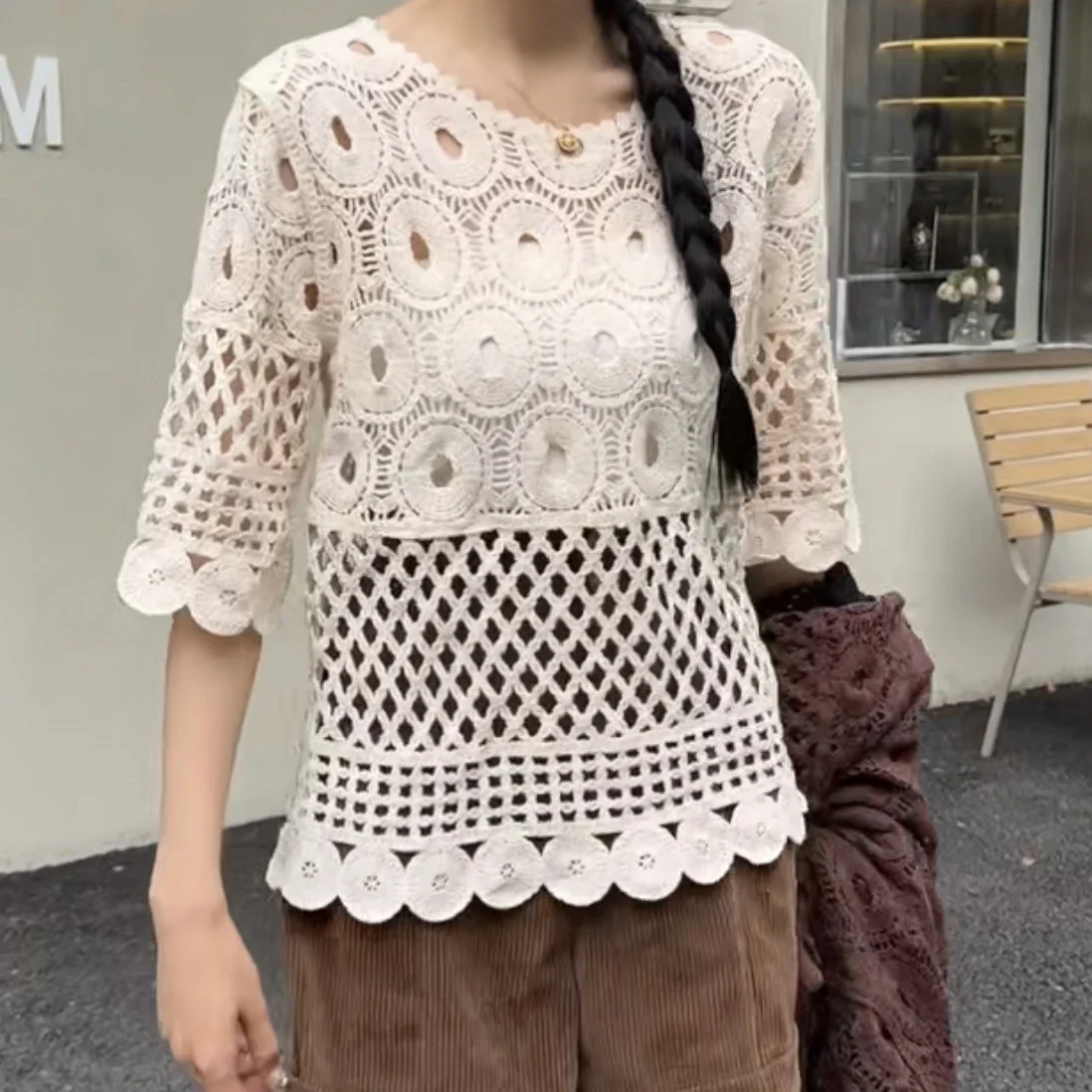 

Boho Chic Crochet Top Sheer Openwork Pullover Half Sleeve O-neck Open-Knit Shirts Blouses Woman Summer Beach Vacation Outfit