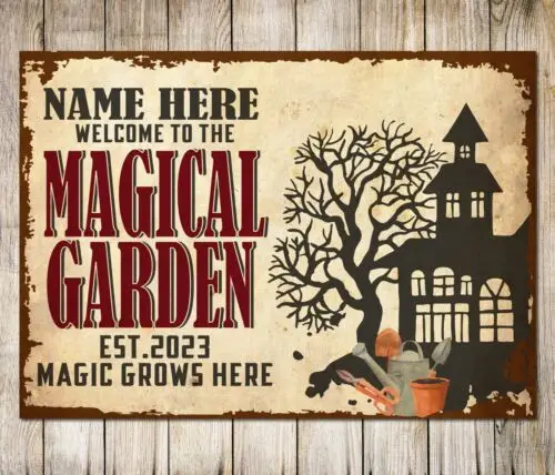 Personalised Witch Garden Magic Grows Here Custom Wall Sign Decor Metal Plaque