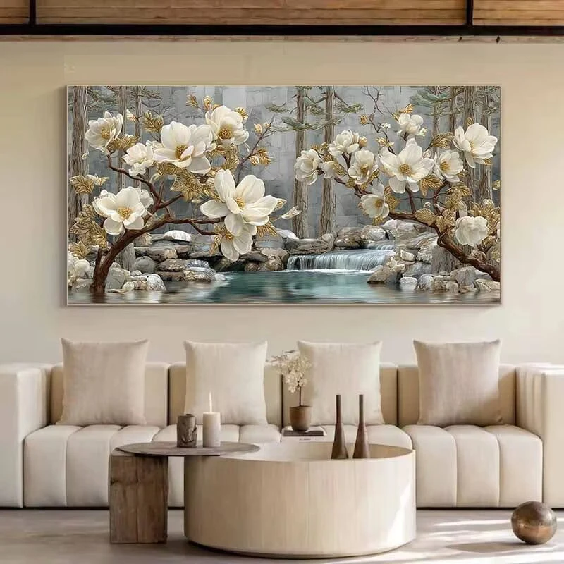 Large Size White Magnolia Flowers with Golden Leaves Diy Diamond Painting Diamond Art Embroidery Full Drill Mosaic Decor orchid