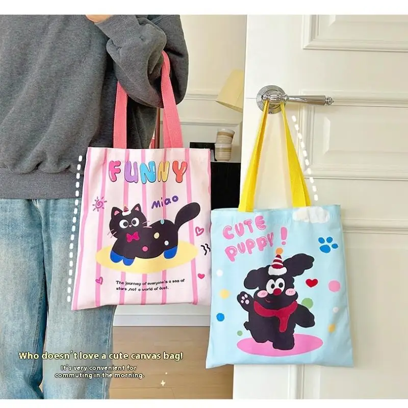 Ins estilo tutorial saco bonito bolinhas gato estudante saco de lona feminino tutorial saco simples bolsa de ombro portátil