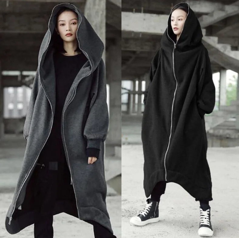 New Spring Autumn Thin Long Hoodie Dress Street Style Zipper Dress Knee-Length Loose plus Size Outerwear Women's Fashion