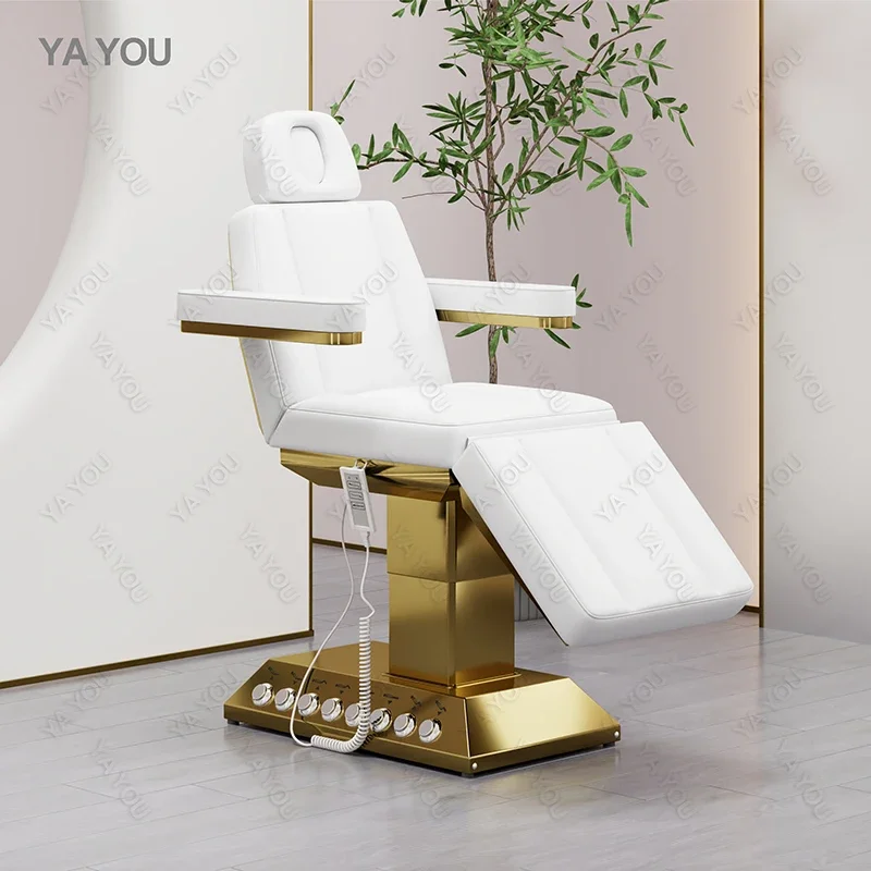 New Design White PU Leather Massage Bed Electric Beauty Salon Gold Base Comfortable Massage Bed