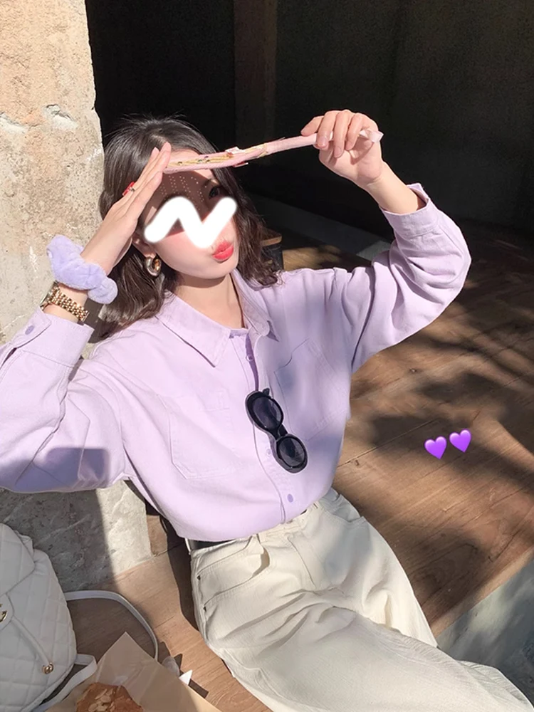 

Summer Women's Loose Cotton irt Pastel Purple Casual Loose Fit Sun Protection Outerwear Korean Long Sleeve TT204