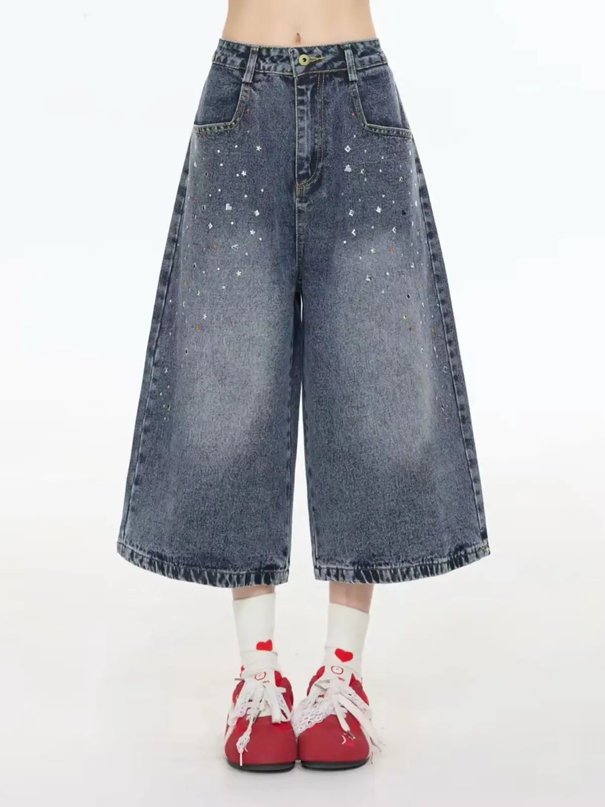 

Y2K American Street Star Rhinestone Women Washed Denim Jeans Loose Casual Wide Leg Pants Summer Vintage High Waist Button Fly