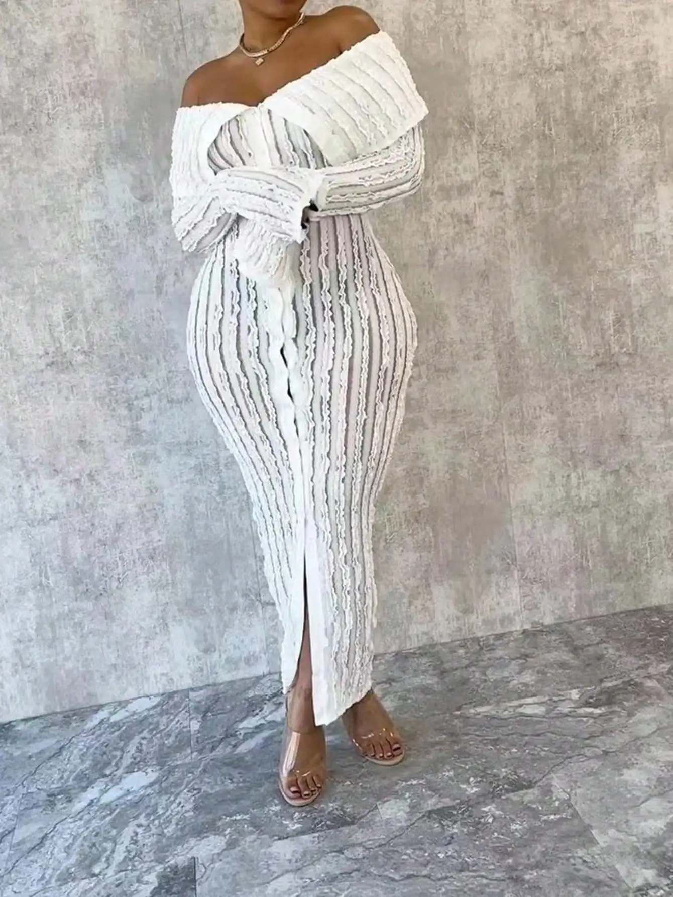 Women Elegant Off Shoulder Dress Long Sleeve Button Down High Split Bodycon Dress Prom Evening Party